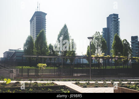 Mailand, Italien. 10. April 2017. 'Biblioteca Degli Alberi' ist ein neuer Park befindet sich im Gae Aulenti Platz. Es ist Teil des städtischen re Qualifizierung von Porta Nuova Komplex. Bildnachweis: Mairo Cinquetti/Pacific Press/Alamy Live-Nachrichten Stockfoto