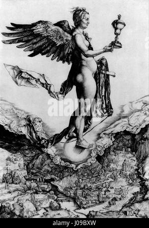 „Nemesis“ von Albrecht Dürer ist ein detaillierter Gravur, der die griechische Göttin der Vergeltung darstellt. Das Werk fängt Nemesis in ihrer klassischen Form ein und verkörpert Gerechtigkeit und Gleichgewicht durch ihren harten Ausdruck und ihre ausgeglichene Haltung. Stockfoto