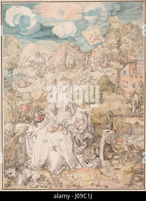 Albrecht Dürers Holzschnitt „Maria unter einer Vielzahl von Tieren“ aus dem Jahr 1503 zeigt die Jungfrau Maria umgeben von verschiedenen Tieren und symbolisiert Unschuld und Reinheit. Dürers detaillierter Holzschnitt ist ein Meisterwerk der Kunst der Nördlichen Renaissance und zeigt sein Geschick in der Darstellung komplizierter natürlicher Formen und religiöser Themen. Stockfoto