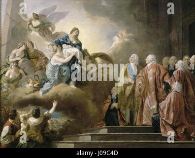 Dieses allegorische Gemälde von Francois Guillaume Menageot erinnert an die Geburt von Louis Joseph, dem Dauphin von Frankreich, im Jahr 1781. Das Werk stellt einen bedeutenden Moment in der französischen Königsgeschichte dar und symbolisiert die Zukunft der französischen Monarchie. Stockfoto