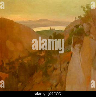 Antoni Gelaberts „Bahía de Palma desde Na Burguesa“ zeigt einen Panoramablick auf die Bucht von Palma auf Mallorca von Na Burguesa. Das Gemälde fängt die pulsierende Küstenlandschaft ein und zeigt Gelaberts Talent für Landschaft und Meereslandschaft. Stockfoto