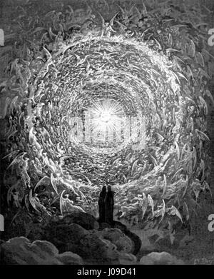 Gustave Dorés Illustration für Dantes *Göttliche Komödie*, Paradiso Canto 31, stellt eine himmlische Szene dar, die komplizierte Details mit symbolischen Darstellungen himmlischer Reiche verbindet. Stockfoto