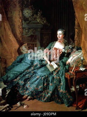 Madame de Pompadour von Francois Boucher ist ein Porträt der einflussreichen Geliebten von König Ludwig XV. Von Frankreich. Das im Rokoko-Stil gemalte Porträt unterstreicht die Eleganz und Schönheit von Madame de Pompadour sowie ihre herausragende Rolle am französischen Hof. Stockfoto