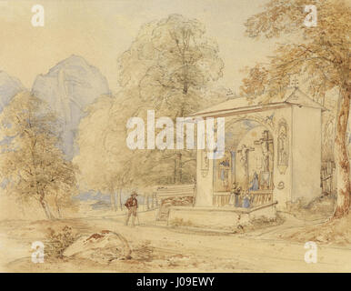 Wanderer und Golgothakapelle von Joseph Höger stellt eine Einzelfigur dar, die durch eine Landschaft in Richtung der Golgothakapelle geht und eine Reise der Introspektion und spirituellen Besinnung symbolisiert. Das Gemälde ist bekannt für seine atmosphärische Qualität und die dramatische Verwendung von Licht. Stockfoto