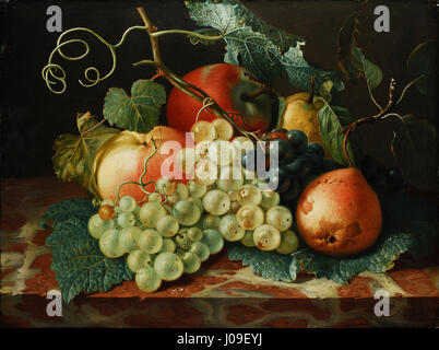 Dieses Stilleben aus dem 18. Jahrhundert von Johann Amandus Winck zeigt eine Auswahl von Früchten – Äpfel, Birnen und Trauben – auf einer Marmorplatte angeordnet. Die detailreiche Darstellung der Früchte zeigt Wincks Meisterschaft in der Erfassung von Textur und Licht, typisch für barocke und rokoko Stillleben. Stockfoto