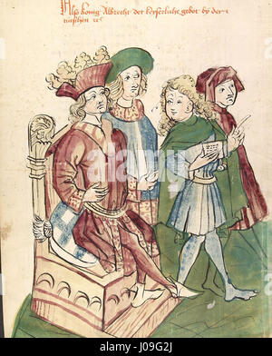 „König Albrecht schickt wegen seiner Kaiserkrönung einen Boten zu Papst Bonifatius“ zeigt den Moment, als König Albert I. 1301 einen Boten an Papst Bonifatius VIII. Sandte, der die politischen Spannungen und die Dynamik der Zeit widerspiegelt. Stockfoto