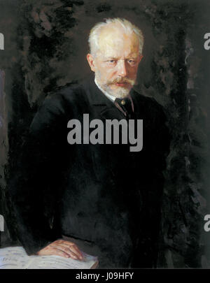 Dieses Porträt des Komponisten Pjotr I. Tschaikowski (1840–1893) fängt sein Gleichnis ein und spiegelt seine Beiträge zur klassischen Musik wider, darunter Werke wie „Schwanensee“ und „der Nussknacker“. Stockfoto