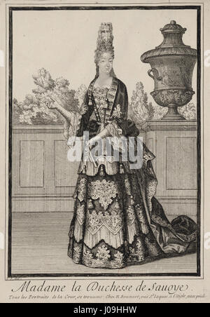 Dieses Porträt zeigt Anne Marie d’Orléans als Herzogin von Savoyen und zeigt ihren edlen Status und ihre elegante Kleidung. Es spiegelt den Porträtstil des 17. Jahrhunderts wider und betont königliche würde und Mode. Stockfoto