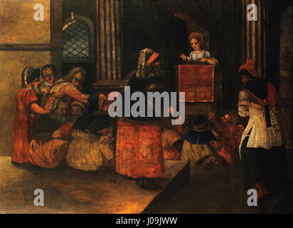 Sigmundt Bergks „der zwölfjährige Jesus im Tempel“ aus dem Jahr 1625 stellt eine religiöse Szene aus der Jugend Christi dar, die sich auf seine Weisheit und die Reaktion seiner Umgebung konzentriert. Stockfoto