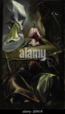 Das Gemälde, das dem Atelier von El Greco zugeschrieben wird, zeigt „die Qualen im Garten“, in dem Christus im Gebet dargestellt wird und seine emotionale Intensität zeigt. Das Werk reflektiert die markant gestreckten Formen und die dramatische Beleuchtung des Stils El Greco. Stockfoto