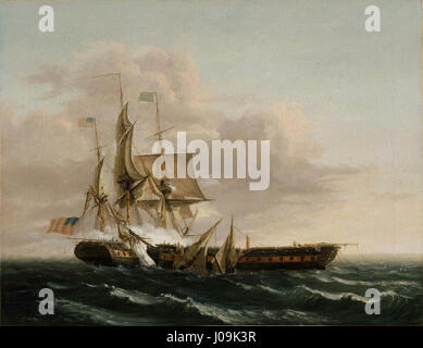 Thomas Birchs Gemälde „Engagement Between the Constitution and the Guerrière“ zeigt die berühmte Seeschlacht zwischen der USS Constitution und der HMS Guerrière während des Krieges von 1812. Stockfoto