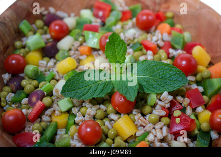 Closeup auf Salat mit Paprika, Farro, grüne Erbsen, Frühlingszwiebeln und Regenbogen-Baby-Karotten, dekoriert mit Minze in verwittertem Holz Bambus Bo Stockfoto