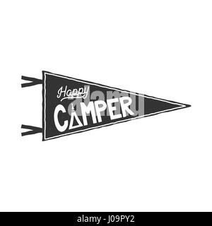 Glücklicher Camper Wimpel Vorlage. Typografie Gestaltung und outdoor-Aktivität Symbol - Zelt. Monochrom. Vektor isoliert auf weißem Hintergrund. Retro-patch Stock Vektor