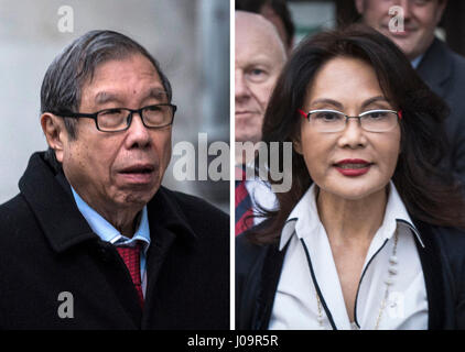 Fotos von Laura Ashley-Chef Khoo Kay Peng und seiner Ex-Frau Pauline Chai. Ein Scheidungsrichter, der der Ex-Frau von Dr. Khoo £64 Million zuerkannt hatte, schlug einen Schlag für die Eltern, die sich um Kinder kümmern, sagt ein Anwalt. Stockfoto