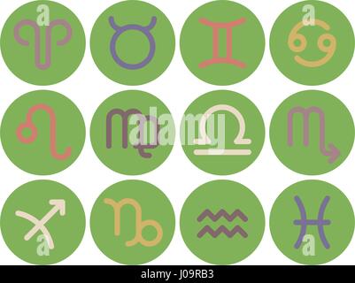 Satz von Pastell farbigen flachen geometrischen Tierkreis-Symbolen mit im grünen Kreis Stock Vektor