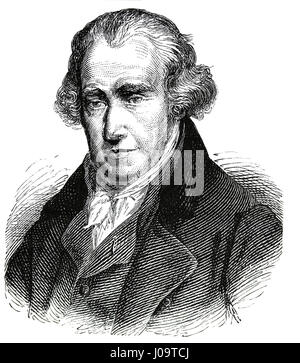 James Watt (1736-1819). Schottischer Erfinder, Maschinenbau-Ingenieur. Kupferstich, 1883. Gravur, Nuestro Siglo, 1883. Stockfoto