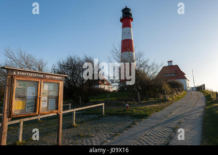 Deutschlands berühmteste Leuchtturm Westerheversand in den Salzwiesen entlang der Nordseeküste, Westerhever, Nordfriesland, Schleswig-Holstein, Deutschland Stockfoto