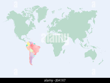 Weltkarte mit Südamerika Ländern Aquarelleffekt. Stockfoto