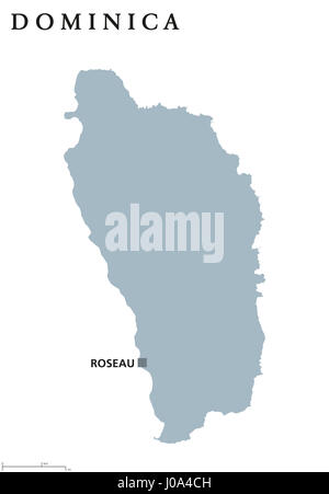 Dominica politische Karte mit Hauptstadt Roseau. Commonwealth. Karibikinsel souveräne Land auf den kleinen Antillen, Teil der Windward-Inseln. Stockfoto