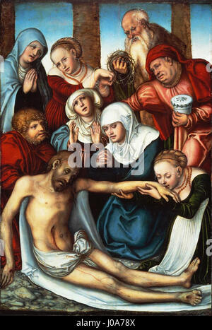 „Die Beweinung Christi“ von Lucas Cranach dem Älteren ist ein Renaissance-Gemälde, das die Trauer Christi nach der Kreuzigung darstellt. Das Stück ist ein kraftvoller Ausdruck von Trauer und religiöser Hingabe. Stockfoto