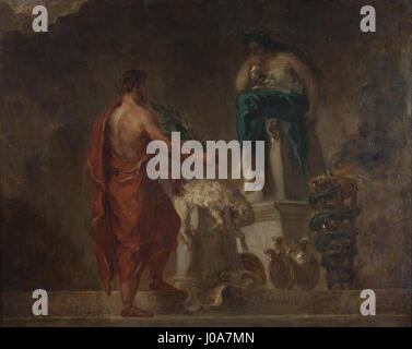 In „Lycurgus Consulting the Pythia“ porträtiert Eugène Delacroix den altgriechischen König Lycurgus, der beim Orakel von Delphi um Hilfe bittet. Die dramatische Komposition und die Verwendung von Farben betonen Delacroix romantischen Stil und seine Konzentration auf intensive Emotionen und historische Themen. Stockfoto