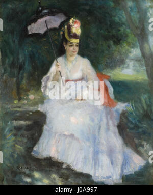 Pierre-Auguste Renoir’ Femme à l’ombrelle assise dans le jardin aus dem Jahr 1872 ist ein Beispiel für sein früheres impressionistisches Werk. Das Gemälde zeigt den sanften Gebrauch von Licht und Farbe und hebt das Spiel des Sonnenlichts auf die Form und Umgebung des Motivs hervor. Renoir fängt die Atmosphäre eines friedlichen Moments im Garten ein und betont die Frische der Outdoor-Szene. Stockfoto