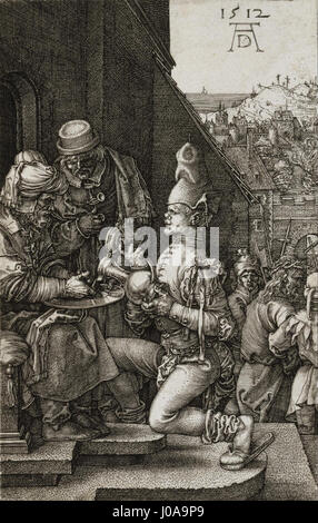 Albrecht Dürers „Pilatus Waschen seine Hände“ ist ein Holzschnitt aus dem 16. Jahrhundert, der die biblische Szene veranschaulicht, in der Pontius Pilatus seine Hände vor der Menge wäscht und damit seine Weigerung symbolisiert, die Verantwortung für die Kreuzigung Jesu zu übernehmen. Stockfoto