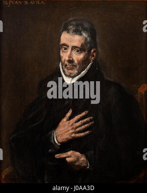 Dieses Porträt, das El Greco zugeschrieben wird, zeigt Juan de Ávila, einen prominenten spanischen Priester und Theologen. Das Gemälde zeigt den unverwechselbaren Stil von El Greco mit langen Figuren und dramatischer Verwendung von Licht und Schatten. Stockfoto
