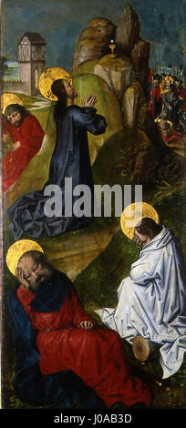 Jesus dans le jardin de Gethsémané (Jesus im Garten Gethsemane) stellt den biblischen Moment des Gebets Jesu vor seiner Verhaftung dar. Das Kunstwerk reflektiert Themen wie Einsamkeit, Reflexion und göttliche Trauer, die mit emotionaler Tiefe erfasst werden. Stockfoto