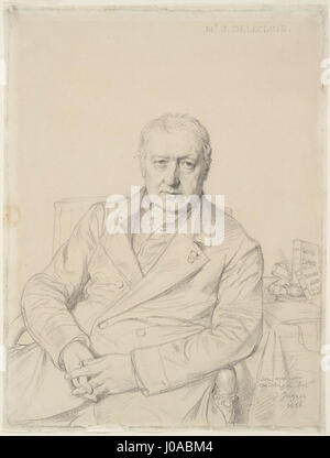 Dieses Porträt von Eugène Delacroix von Jean-Auguste-Dominique Ingres unterstreicht die Verbindung zweier der bedeutendsten französischen Künstler des 19. Jahrhunderts. Ingres fängt Delacroix intellektuelles Verhalten ein und präsentiert ihn mit Präzision und Klarheit. Stockfoto
