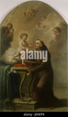 Dieses Gemälde von Janez Andrej Herrlein mit dem Titel "SV. Anton Padovanski casti dete Jezusa' (Heiliger Antonius von Padua, der das Jesuskind hält) zeigt eine heitere religiöse Szene mit detaillierter Ikonographie. Stockfoto