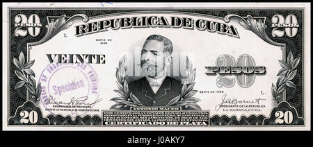 U.S.-BEP-República de Cuba (zertifizierter Nachweis) 20 Pesos, Silber 1936 (CUB-72b) Stockfoto