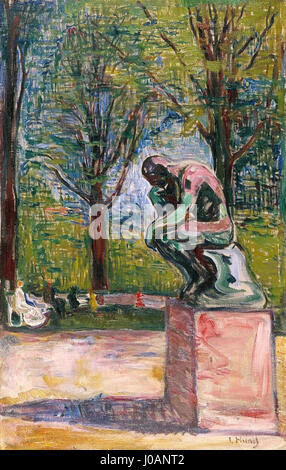 In *Le Penseur de Rodin dans le parc du Docteur Linde* (Rodins Thinker im Dr. Linde’s Park) fängt Edvard Munch die berühmte Skulptur von Auguste Rodin im ruhigen Park von Lübeck ein. Das Kunstwerk spiegelt Munchs Interesse an menschlichen Emotionen und philosophischen Themen wider. Stockfoto