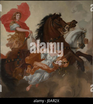 „Apollo und Aurora“ von Gérard de Lairesse, gemalt 1671, veranschaulicht die mythologische Geschichte von Apollo und Aurora aus der griechischen Mythologie. Das Kunstwerk ist bekannt für seinen klassischen Ansatz der Figurenmalerei, die die Götter in eleganter und idealisierter Weise mit raffiniertem Licht und Farbe darstellt. Stockfoto