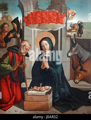 Eine Darstellung der Geburt von Juan Correa de Vivar, ausgestellt im Musée du Louvre, die die Geburt Christi in lebendigen Farben und detailreichen Details veranschaulicht. Stockfoto