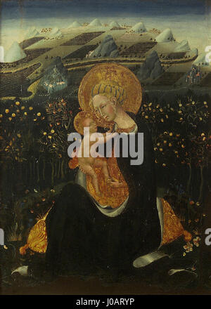 „La Vierge de l'Humilité“ (die Jungfrau der Demut) von Giovanni di Paolo ist ein klassisches Beispiel für religiöse Kunst der Frührenaissance, die die Jungfrau Maria in bescheidener Pose darstellt und ihre Reinheit und Hingabe unterstreicht. Dieses Stück zeigt di Paolos Geschick in der Darstellung von zarten Figuren und weichen Farbpaletten. Stockfoto