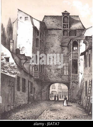 Dieses Kunstwerk von Lorette stellt die Passage des Carmélites in Rennes um 1835 dar und erfasst eine historische Straßenszene aus dem frühen 19. Jahrhundert, die Architektur und die städtische Umgebung beleuchtet. Stockfoto