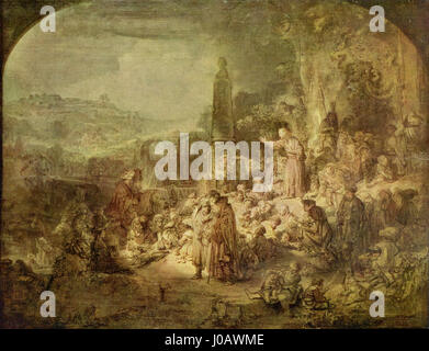 „Predigt des heiligen Johannes des Täufers“ von Rembrandt van Rijn zeigt die biblische Figur von Johannes dem Täufer, die eine Predigt hält. Das Gemälde, das in der Berliner Gemäldegalerie untergebracht ist, zeigt Rembrandts Beherrschung von Licht und Schatten, die für seine späteren Werke charakteristisch ist. Stockfoto
