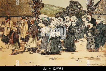 Augistin Satras „Procesí“ (1905) ist ein kraftvolles Kunstwerk, das eine dramatische und emotional aufgeladene Gerichtssaalszene darstellt. Das Gemälde thematisiert Themen wie Gerechtigkeit, Moral und menschliche Konflikte. Stockfoto