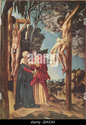 Lucas Cranach der Ältere zeigt in „die Klagelei Christi“ den Leib Christi, der von seinen Anhängern nach der Kreuzigung beweint wird. Das Gemälde ist Teil der Sammlung Alte Pinakothek und fängt einen Moment der Trauer und Ehrfurcht mit Cranachs charakteristischem Stil aus lebhaften Farben und emotionaler Tiefe ein. Stockfoto
