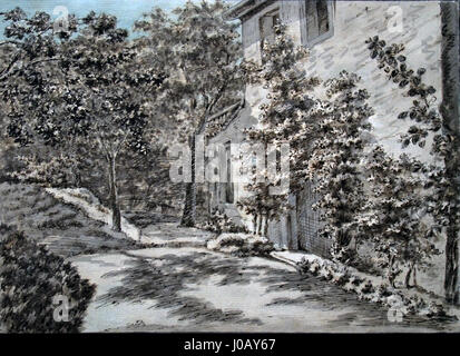 Diese Zeichnung von Johann Wolfgang von Goethe zeigt die Rückseite seines Gartenhauses. Goethes künstlerische Bemühungen, die für seine literarischen Werke bekannt sind, konzentrierten sich oft auf Natur und Architektur. Diese Skizze bietet einen Einblick in seine persönliche Umgebung und betont Einfachheit und natürliche Umgebung. Stockfoto