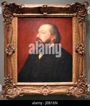Dieses Werk von Alphonse Legros zeigt Léon Gambetta, einen prominenten französischen Politiker, der für seine Führung während des Deutsch-Französischen Krieges bekannt ist. Das Stück wurde im charakteristischen Stil von Legros geschaffen, der Realismus und Porträtkunst verbindet. Stockfoto