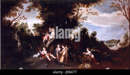 Antonio del Castillo, ein spanischer Maler, schuf dieses Ölgemälde auf Leinwand, circa 1660, das eine Landschaft mit dem schlafenden Jesusknaben zeigt, begleitet von anderen Kindern in einer idyllischen Szene. Stockfoto