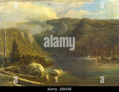 Eduard Herolds Gemälde „Cerné jezero“ (1860) zeigt eine ruhige Seeszene und zeigt Herolds Geschick, Landschaften mit Präzision und einem Fokus auf die natürliche Schönheit der Mitte des 19. Jahrhunderts zu erfassen. Stockfoto