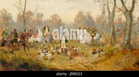 Alexander von Bensas „Höfische Jagdszene 2 der Kronenzwölfender“ zeigt eine aufwendige Jagdszene in königlicher Hoflage. Das Stück fängt die Dynamik einer Jagd ein und zeigt die geschickte Darstellung von Tieren, Reitern und der üppigen Umgebung. Es bietet einen Einblick in die Opulenz und die Aktivitäten des Hoflebens während dieser Zeit. Stockfoto