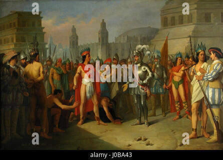 Dieses Kunstwerk zeigt die Inhaftierung des letzten Kaisers von Mexiko, Cuauhtémoc, im Museo de Zaragoza. Es unterstreicht die historische Bedeutung seiner Gefangennahme nach dem Fall des Aztekenreiches. Stockfoto