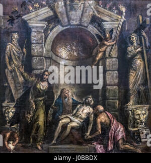 Tizians „Pietà“, das sich in der Galleria Dell'Accademia in Venedig befindet, ist eine meisterhafte Darstellung der emotionalen Tiefe des Todes Christi und des Leids der Jungfrau Maria. Stockfoto