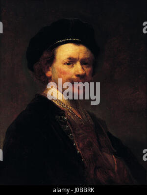Rembrandts „Selbstporträt“, das zwischen 1636 und 1641 gemalt wurde, ist eine eindrucksvolle Darstellung des Künstlers im Reifen Alter. Diese Arbeit zeigt Rembrandts Beherrschung von Licht und Schatten, indem er seinen introspektiven Ausdruck und den Alterungsprozess auf bemerkenswert humanistische Weise einfängt. Stockfoto