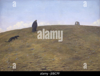 Arnost Hofbauers „Poutník“ (1905) stellt eine Einzelfigur dar, möglicherweise einen Reisenden oder Wanderer, der durch eine einsame Landschaft wandert. Das Gemälde vermittelt Themen der Isolation und Introspektion, die charakteristisch für die europäische Kunst des frühen 20. Jahrhunderts sind, die die menschliche Einsamkeit erforschte. Stockfoto