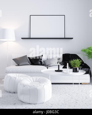 Mock-up Plakat im skandinavischen Stil Innenraum Wohnzimmer. 3D Rendering-illustration Stockfoto